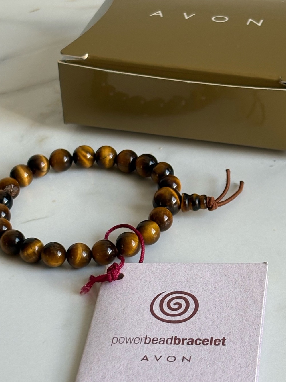 Vintage 90s Avon “Power Bead” Tiger’s Eye Courage Stretch Bracelet NIB